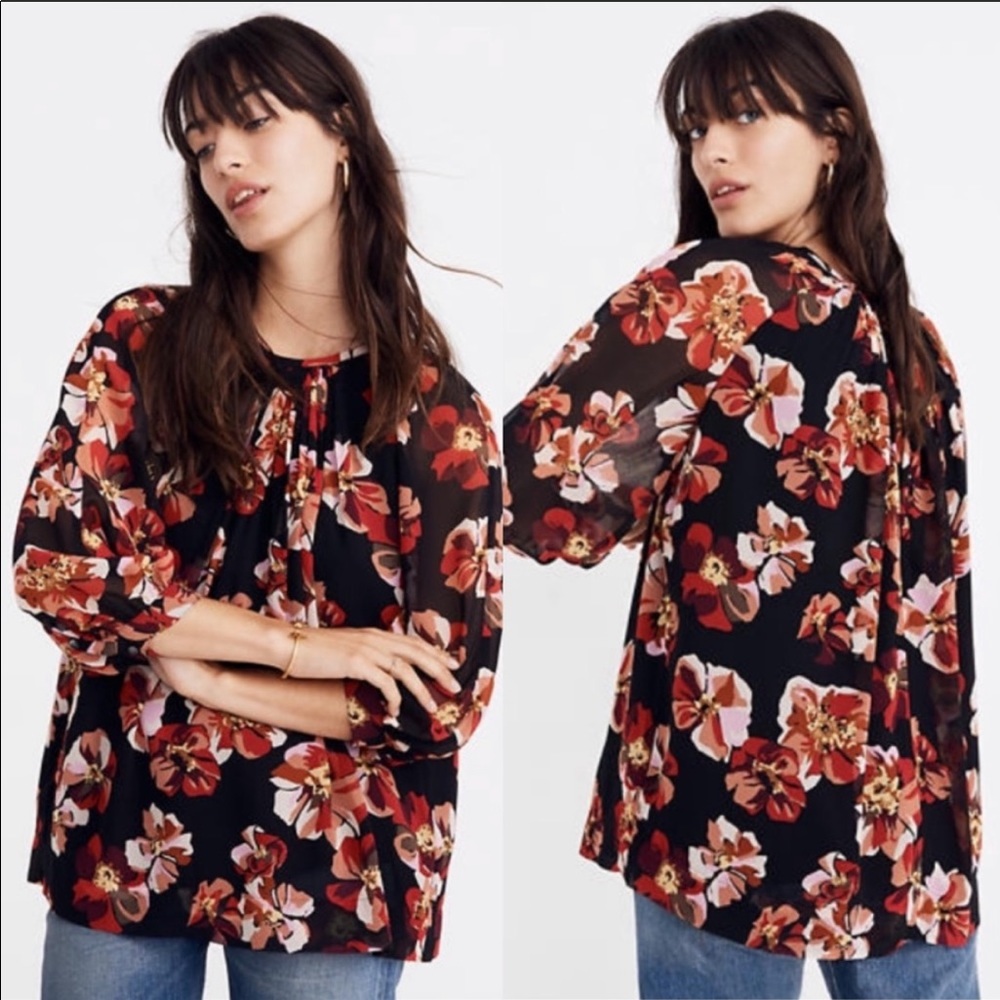 Madewell Tie Back Bauble Sleeve Floral Top size L